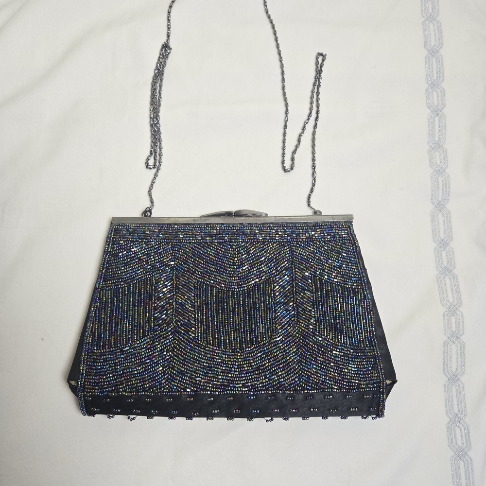 Elegant Black And Multi-Colored Beaded Evening Bag